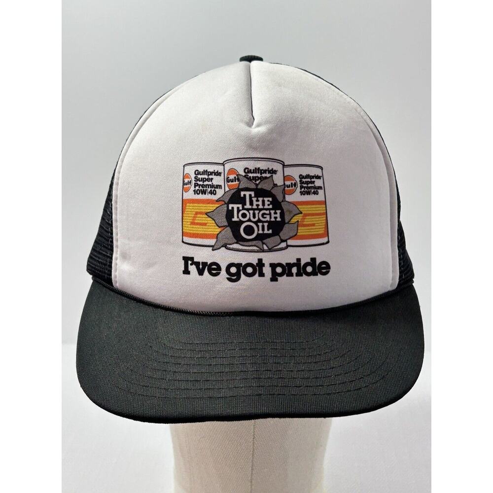 Vintage 1980s GULFPRIDE GULF OIL Lg SNAPBACK TRUCKER HAT CAP MADE IN THE USA‎